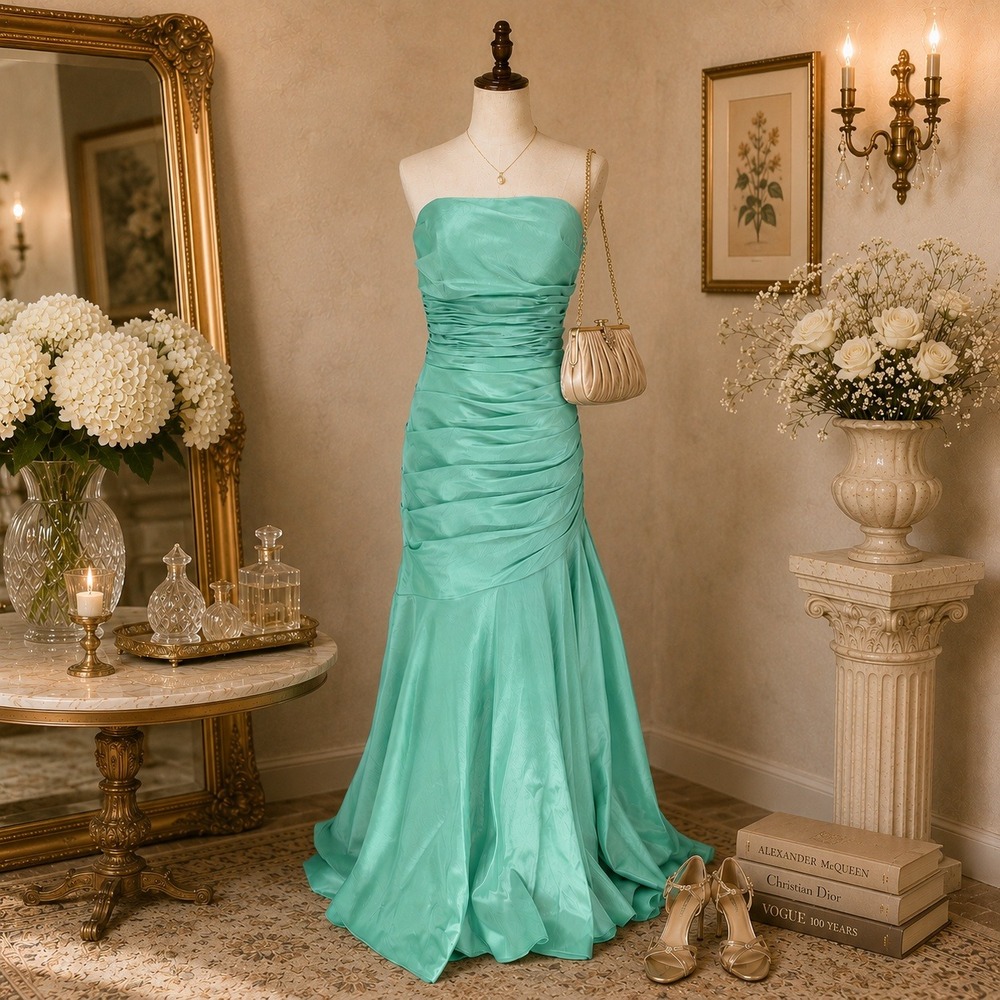 Y2K Flash Mac Duggal Seafoam Mermaid Strapless Evening Gown 8 Ruched Formal Gala